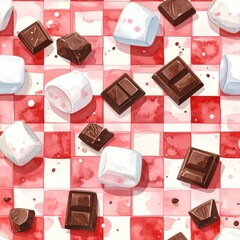 Marshmallows and Chocolate on Red Gingham Watercolor Background