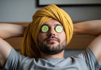 Man wearing a yellow turban with cucumber slices over his eyes in a relaxed pose