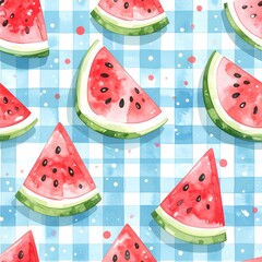Watermelon Triangles with White Seeds on Light Blue Gingham Watercolor Background