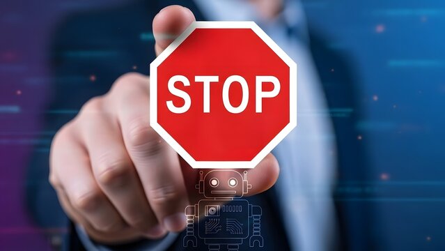 Hand pressing a digital stop sign, symbolizing a halt or warning in a technological environment.