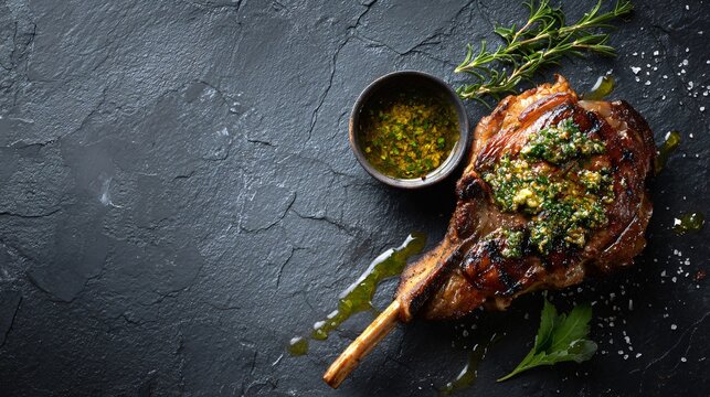 Italian veal chop presented with minimalist herb oil, stone-gray surface
