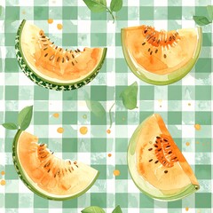 Melon Slices on Light Green Gingham Watercolor Background