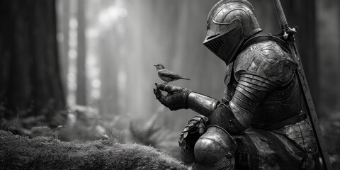 A Knight's Bond with Nature: A valiant knight, clad in gleaming armor, shares a tender moment with a delicate bird in the heart of a shadowed forest, an emblem of peace amidst battle.