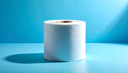Single upright toilet paper roll casting soft shadow on solid light blue background, minimalist everyday object.