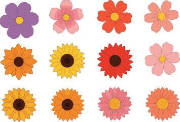 Flat Vector Illustration Set of Colorful Spring Blossoms and Sunflowers Featuring Diverse Floral Designs for Gardening Projects and Nature Decorations