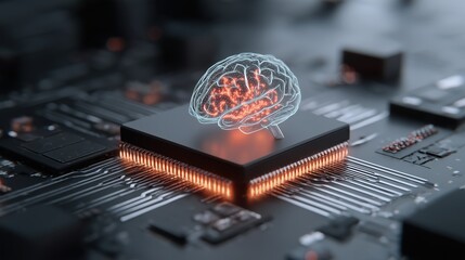 Digital brain on a computer chip symbolizes artificial intelligence and advanced technology