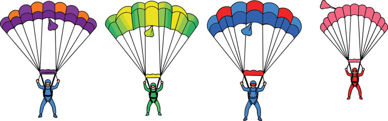 Obraz premium Four Parachutists and Skydivers Gliding with Colorful Parachutes and Open Canopies Isolated on White Background for Extreme Sports Vector Design