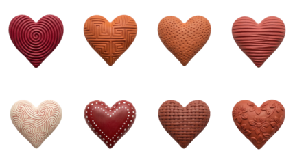 Decorative ceramic heart set including spiral, geometric, textured, dotted, and floral patterns isolated. Valentine's day and artisan craft collection.