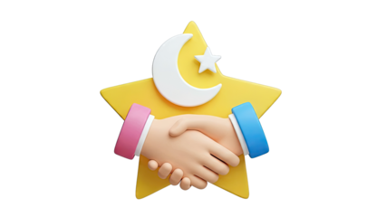 3D Illustration of Handshake with Islamic Symbols on a Star