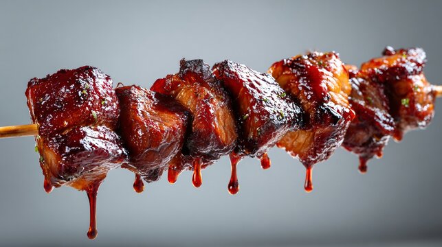 Peruvian anticuchos reimagined as elegant skewered main, minimalist background