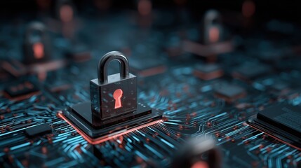 Digital padlock on a circuit board, symbolizing cybersecurity and data protection