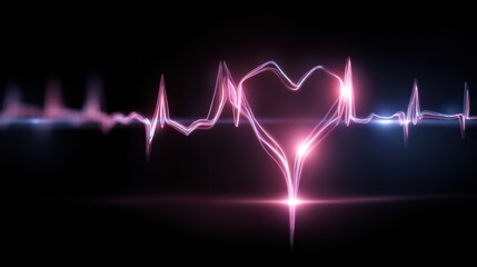 Abstract heart-shaped electrocardiogram line glowing with pink and blue light on black background