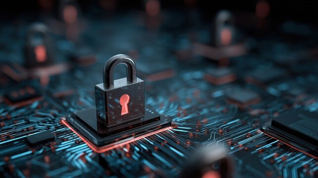 Digital padlock on a circuit board, symbolizing cybersecurity and data protection - Powered by Adobe