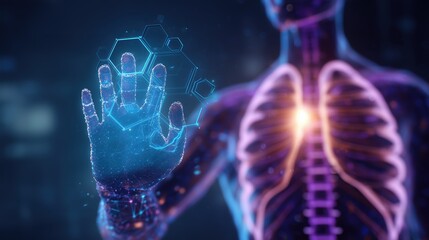 Futuristic digital human anatomy scan with glowing blue hand interacting with data