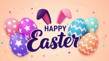Colorful Easter Eggs and Bunny Ears with Happy Easter Text