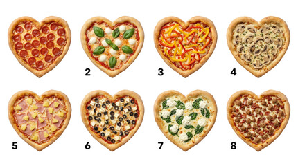 Heart shaped pizza set including pepperoni, margherita, bell pepper, mushroom, hawaiian, olive, spinach, and meat lovers varieties. Valentines day and romantic food collection.