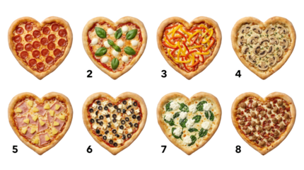 Heart shaped pizza set including pepperoni, margherita, bell pepper, mushroom, hawaiian, olive, spinach, and meat lovers varieties. Valentines day and romantic food collection.