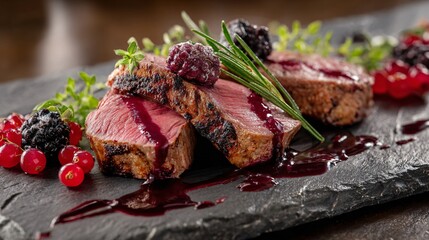 Scandinavian venison main with berry reduction accent, neutral stone surface
