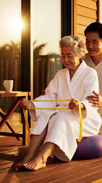 Senior woman exercises with resistance band on spa ter woman exercises with resistance band on spa terrace at sunset. Woman stretches using fitness band outdoors. Senior doing wellness exercise with