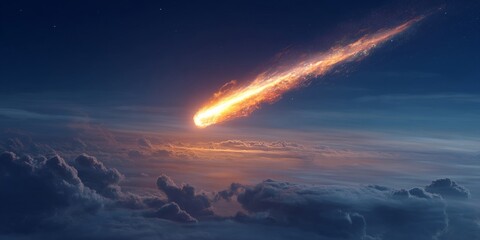 Celestial Blaze: Witness a fiery celestial event as a meteor streaks across the night sky, its radiant trail of light illuminating the dark expanse.