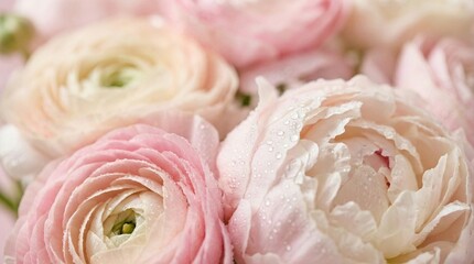 Soft Pastel Flowers with Water Droplets Close Up