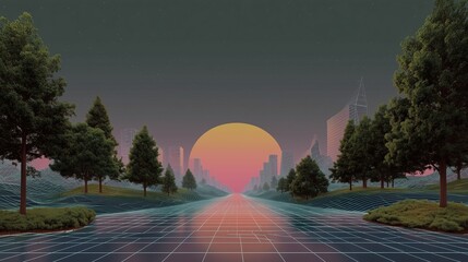 Retrofuturistic cityscape with a grid road leading to a large sun at sunset
