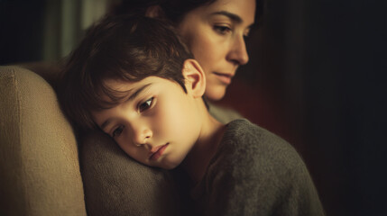 Sad Young Boy Resting on Mother's Shoulder in Emotional Indoor Portrait with Warm Lighting