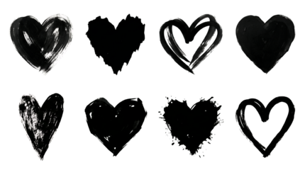 Black heart set including hand painted, grunge, textured, and brush stroke variants isolated. Romantic decorative element collection for design projects.