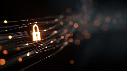 Digital padlock icon glowing on abstract network lines with bokeh lights