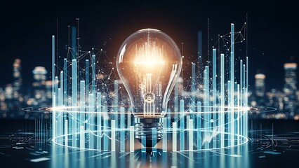 Glowing Light Bulb Surrounded by Futuristic Digital Data Bars and Cityscape.