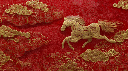 An artistic rendering of a majestic horse galloping across a vibrant red canvas, symbolizing strength, freedom, and the spirit of adventure amidst intricately crafted clouds.