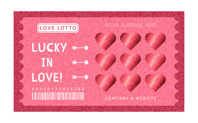 Love lotto scratch card template with hearts for surprise gifts. Graphic design for Valentine's Day gifts, anniversaries, weddings, dates, or bachelorette party favors. Hand drawn vector illustration.