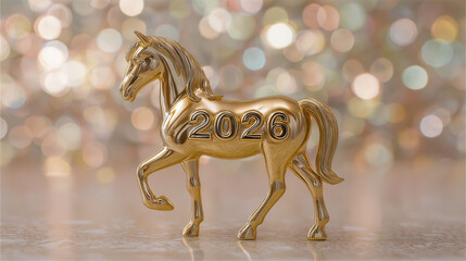 A golden horse sculpture, meticulously crafted, embodies the promise of future horizons, bearing the year 2026 as a symbol of aspiration. Evokes a sense of achievement and accomplishment.