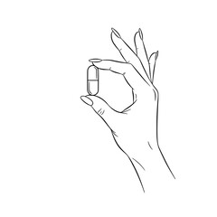 Icon of a beautiful woman's hand holding a medicine capsule representing health and wellness concepts