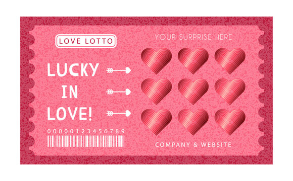 Love lotto scratch card template with hearts for surprise gifts. Graphic design for Valentine's Day gifts, anniversaries, weddings, dates, or bachelorette party favors. Hand drawn vector illustration.