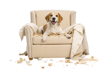 Happy beagle dog sitting on destroyed armchair with stuffing scattered, isolated on a transparent background