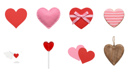 Heart shape set including paper, felt, gift box, cookie, envelope, lollipop, and wood variants. Valentines day and love symbols collection.