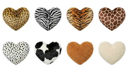 Heart shaped pillow set including animal print patterns and textured faux fur fabrics. Soft plush decorative cushion collection for home decor.