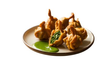 Delicious golden fried money bag dumplings served with vibrant green mint chutney on a plate on transparent background