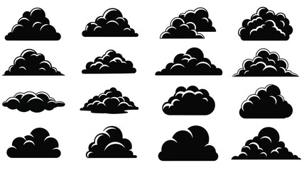 Collection of various puffy cloud shapes in a dark striking silhouette © MdGolam