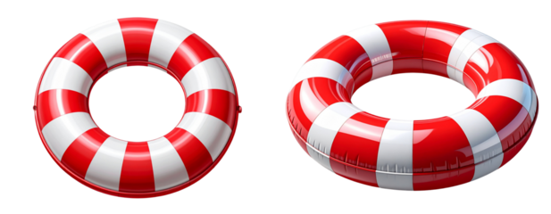  Realistic 3d red and white inflatable swim ring isolated on transparent background PNG.
