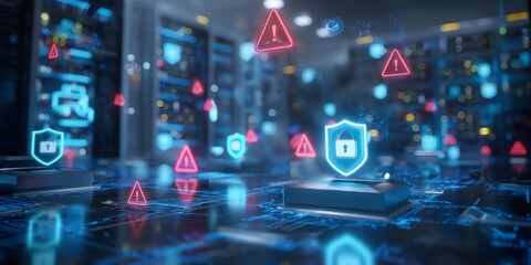 Cybersecurity Fortress: An abstract digital landscape showcases a virtual server room, fortified with protective shields, warning symbols, and secure lock icons.
