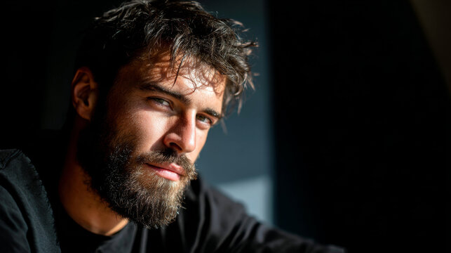 Cinematic portrait of bearded man with intense gaze, dramatic lighting, rugged style