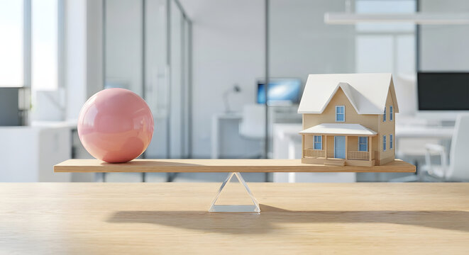 model house and pink sphere balancing on wooden seesaw scale in modern office concept of real estate stability property investment evaluation and home loan mortgage financial balance