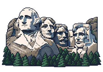 Naklejka premium Pixel art Mount Rushmore monument with evergreen forest, isolated on a transparent background