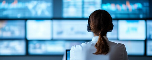 Woman in Control Room Monitoring Screens, Surveillance, Security