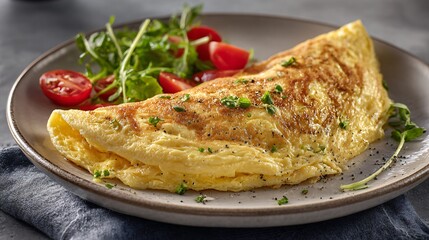 Classic omelette plated with subtle butter gloss, warm gray background, calm composition