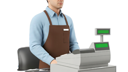 Cashier Wearing Apron at Register with Green Displays