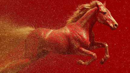 A majestic horse, ablaze in fiery hues, gallops across a vibrant canvas. The image is a visual symphony of strength, speed, and raw energy.
