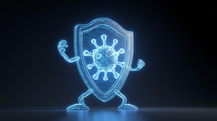 3D futuristic holographic shield character with AI brain symbol and muscular limbs, representing artificial intelligence security, cyber protection, and powerful digital defense systems in a neon blue